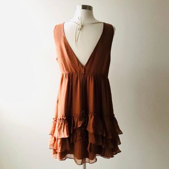 ELIZABETH AND JAMES Orange Rust Silk Ruffle Tank Sleeveless VNeck Mini Dress 4 - Picture 3 of 14